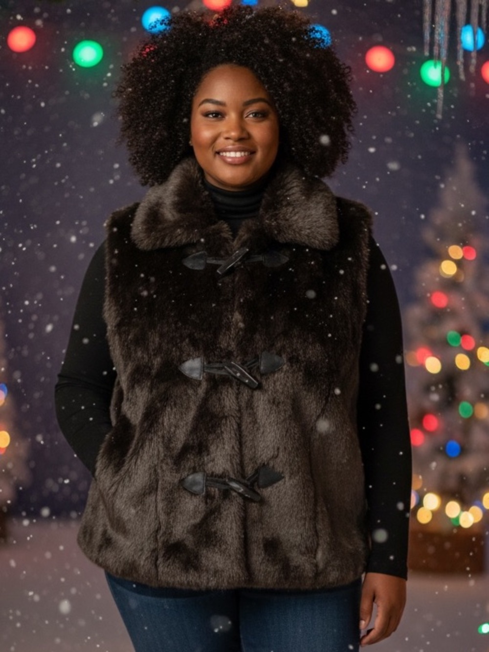 METRO 7 Faux Fur Cold Weather Vest Three Loop Closures in Solid Black SZ LG